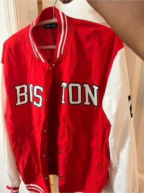 SHEIN Red and White Boston Letterman Jacket